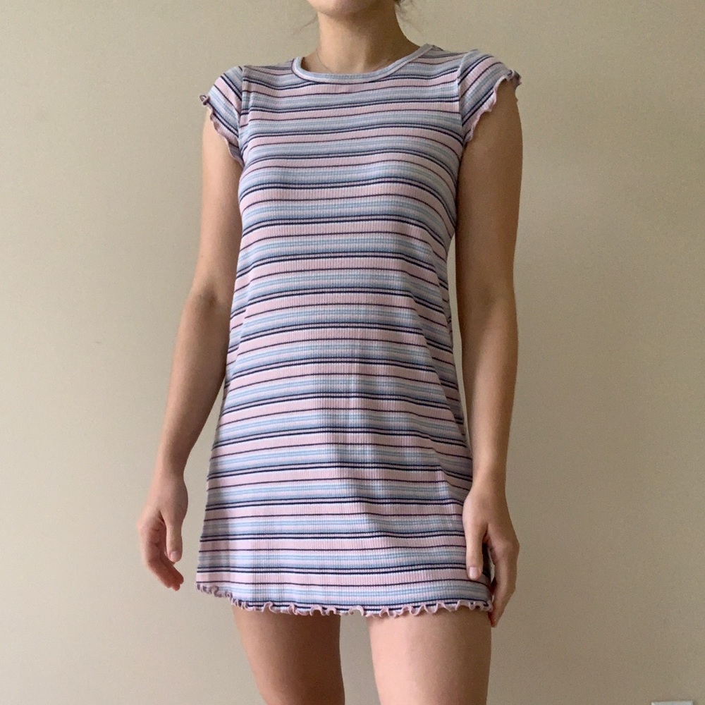 Blue and Pink Striped Dress with Ruffle Hem